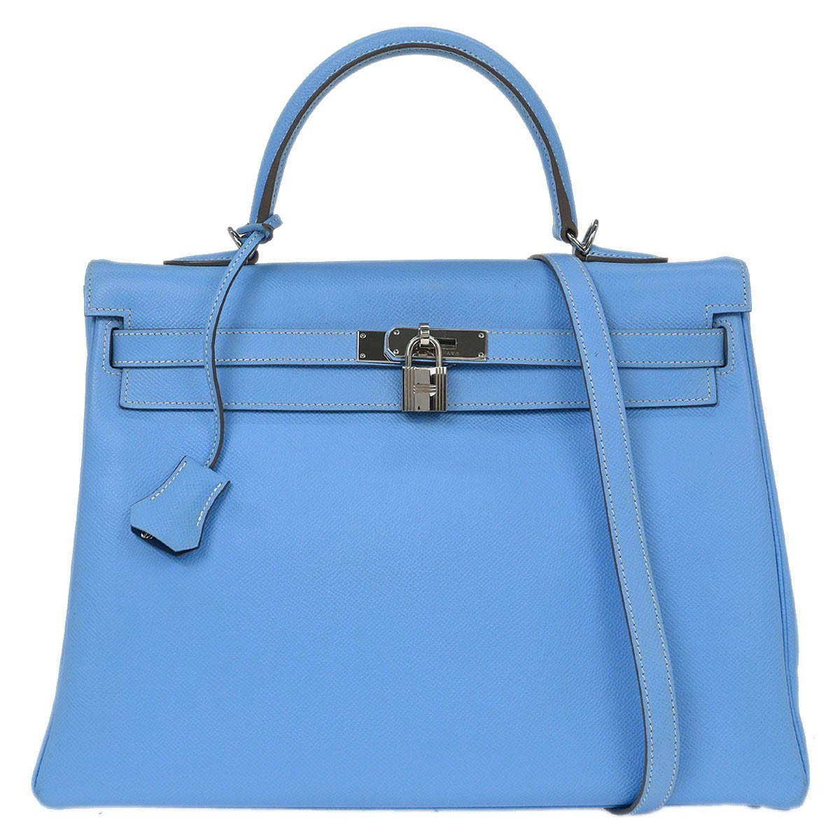Hermes Kelly Handbag Blue Epsom With Palladium Hardware Blue Leather Handbag (Pre-Owned)