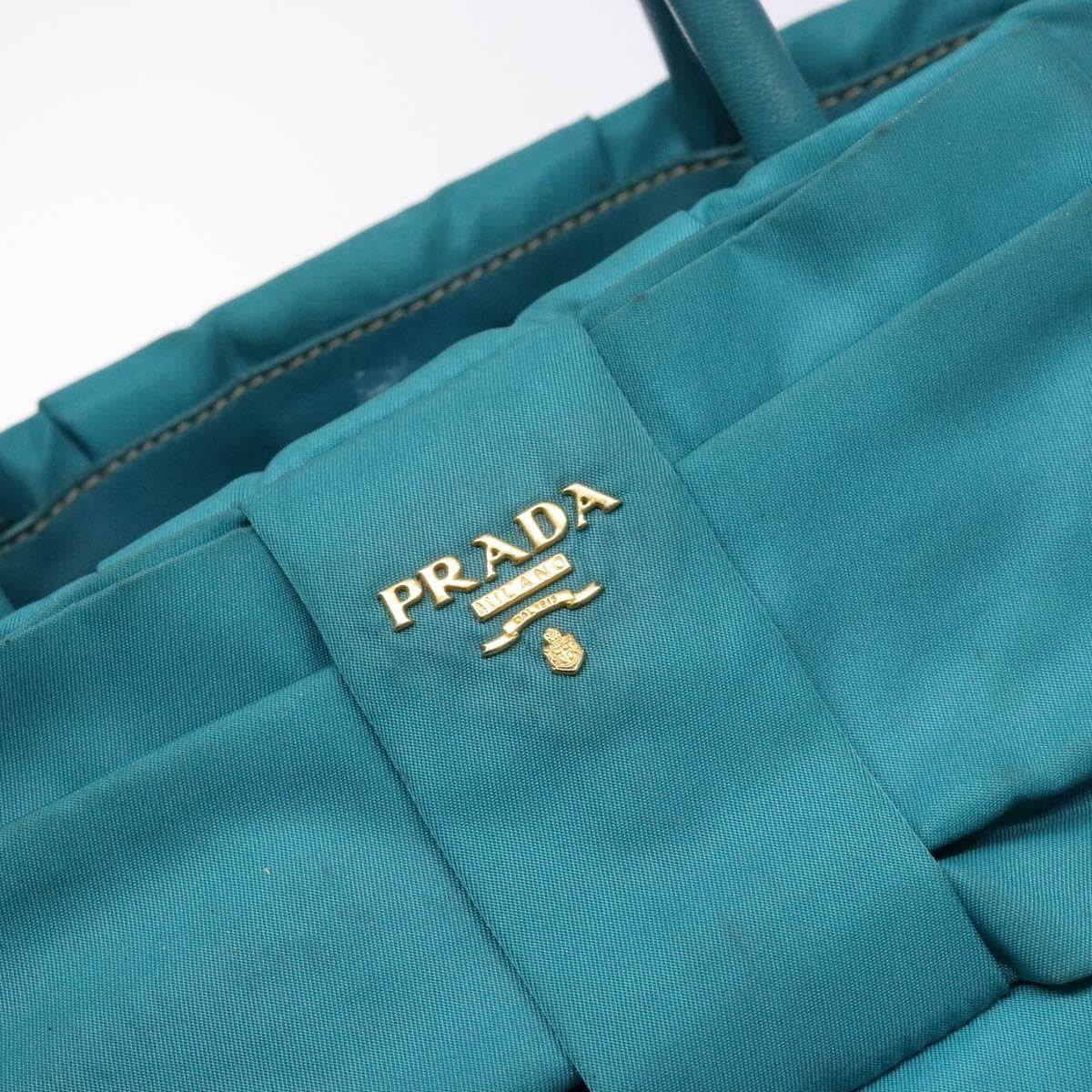 Prada Logo Bow Tote Tessuto With Leather Turquoise Nylon Bag (Pre-Owned)