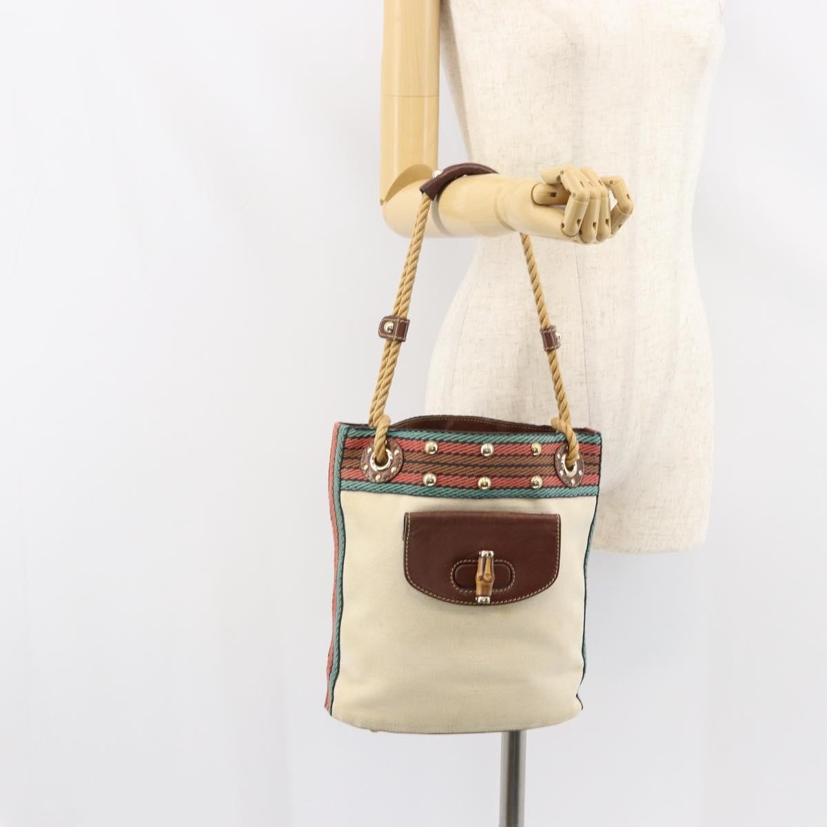 Gucci Vintage Bamboo Shoulder Bag Canvas Beige Canvas Shoulder Bag Bag (Pre-Owned)