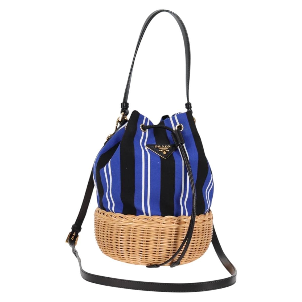 Prada Drawstring Bucket Bag Canvas And Wicker Blue Canvas Handbag (Pre-Owned)