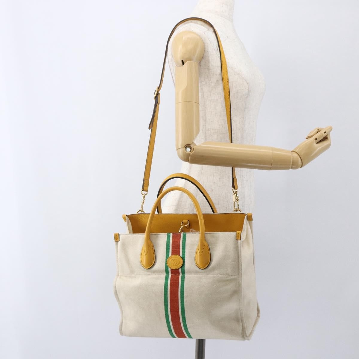 Gucci Foldable Web Tote Canvas With Leather Beige Canvas Tote Bag Bag (Pre-Owned)