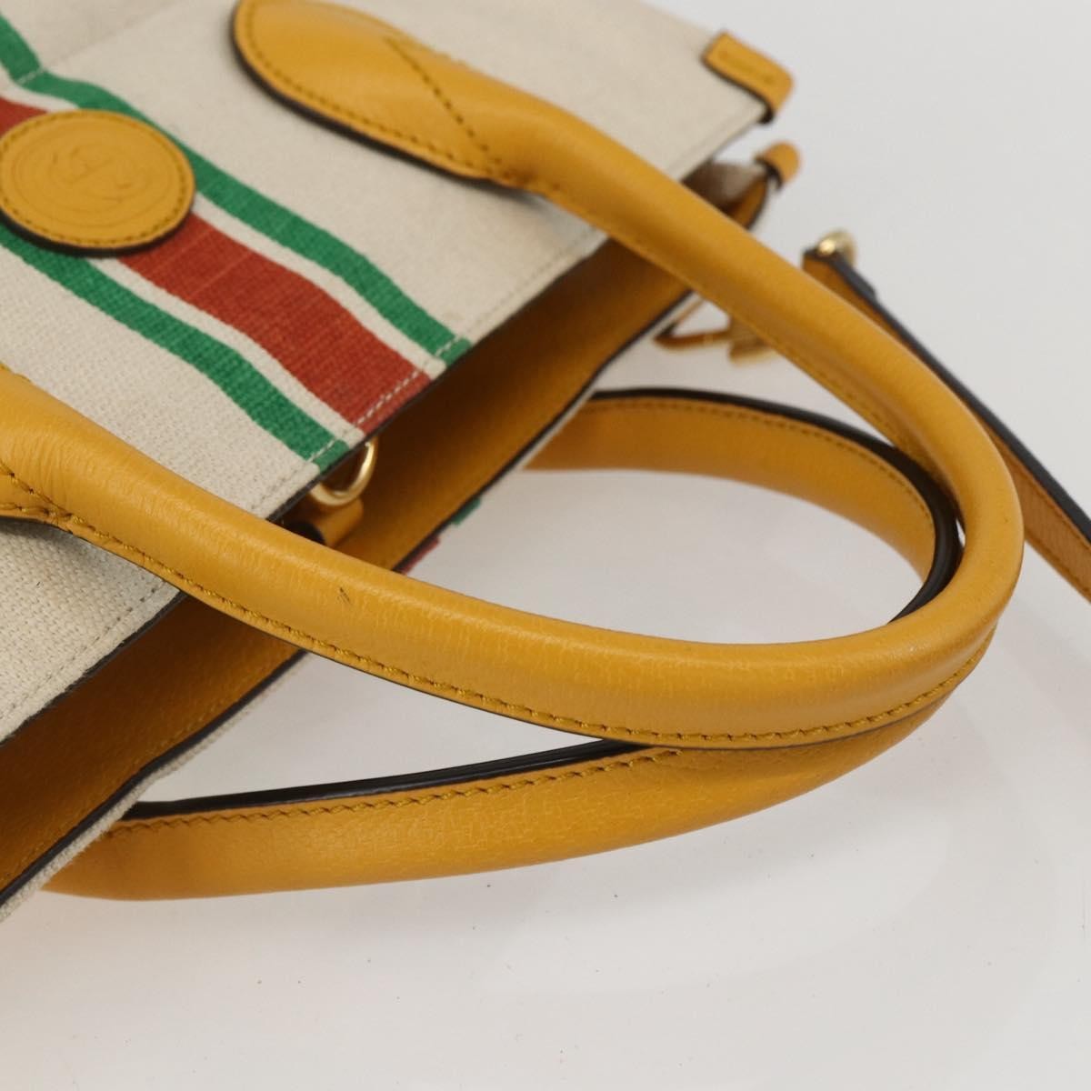 Gucci Foldable Web Tote Canvas With Leather Beige Canvas Tote Bag Bag (Pre-Owned)