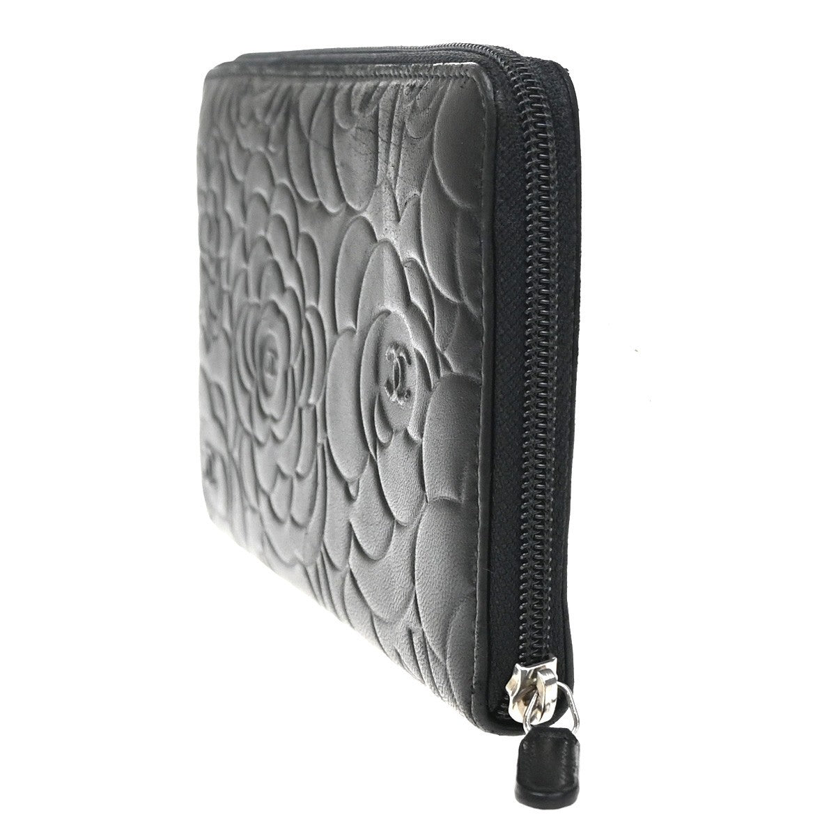 Chanel Camellia Zip Around Organizer Leather Black Leather Wallets Accessory (Pre-Owned)
