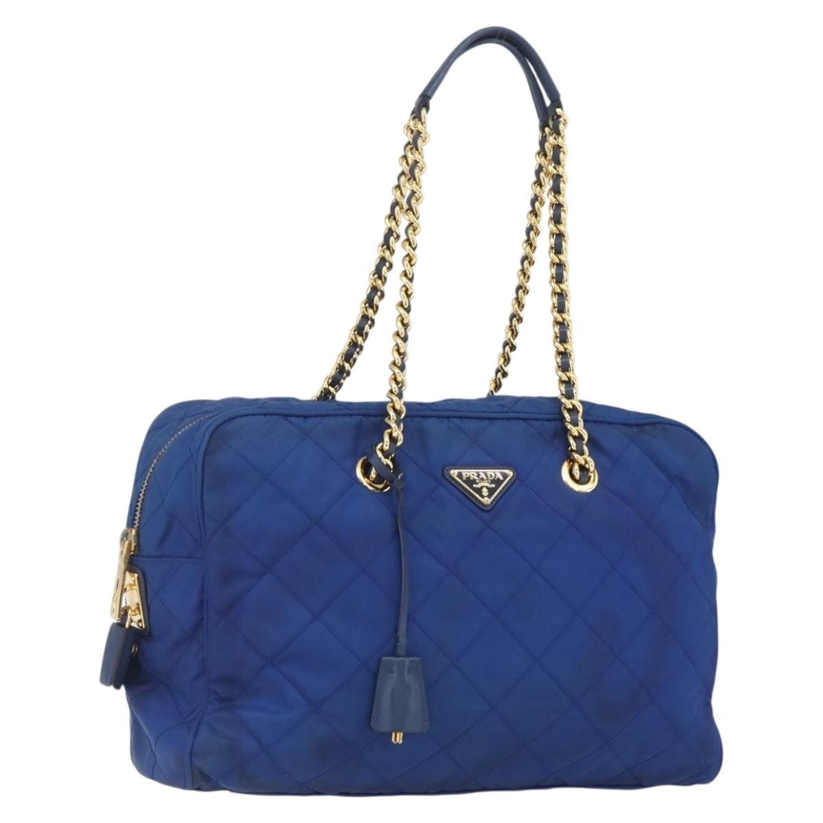 Prada Chain Shoulder Bag Quilted Tessuto Blue Nylon Shoulder Bag Bag (Pre-Owned)