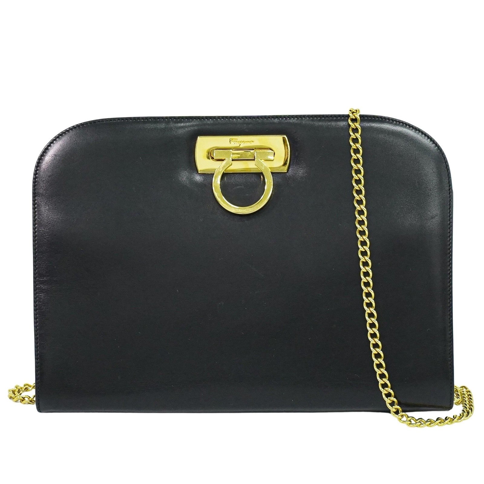 Salvatore Ferragamo Vintage Gancini Chain Shoulder Bag Leather Black Leather Shoulder Bag Bag (Pre-Owned)