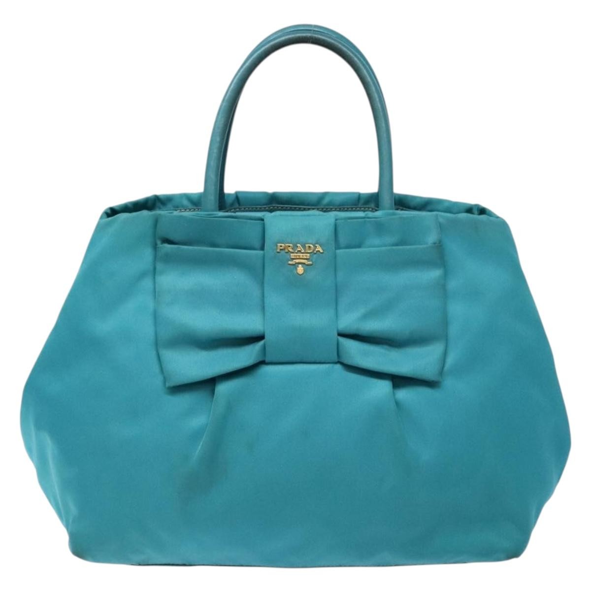 Prada Logo Bow Tote Tessuto With Leather Turquoise Nylon Bag (Pre-Owned)