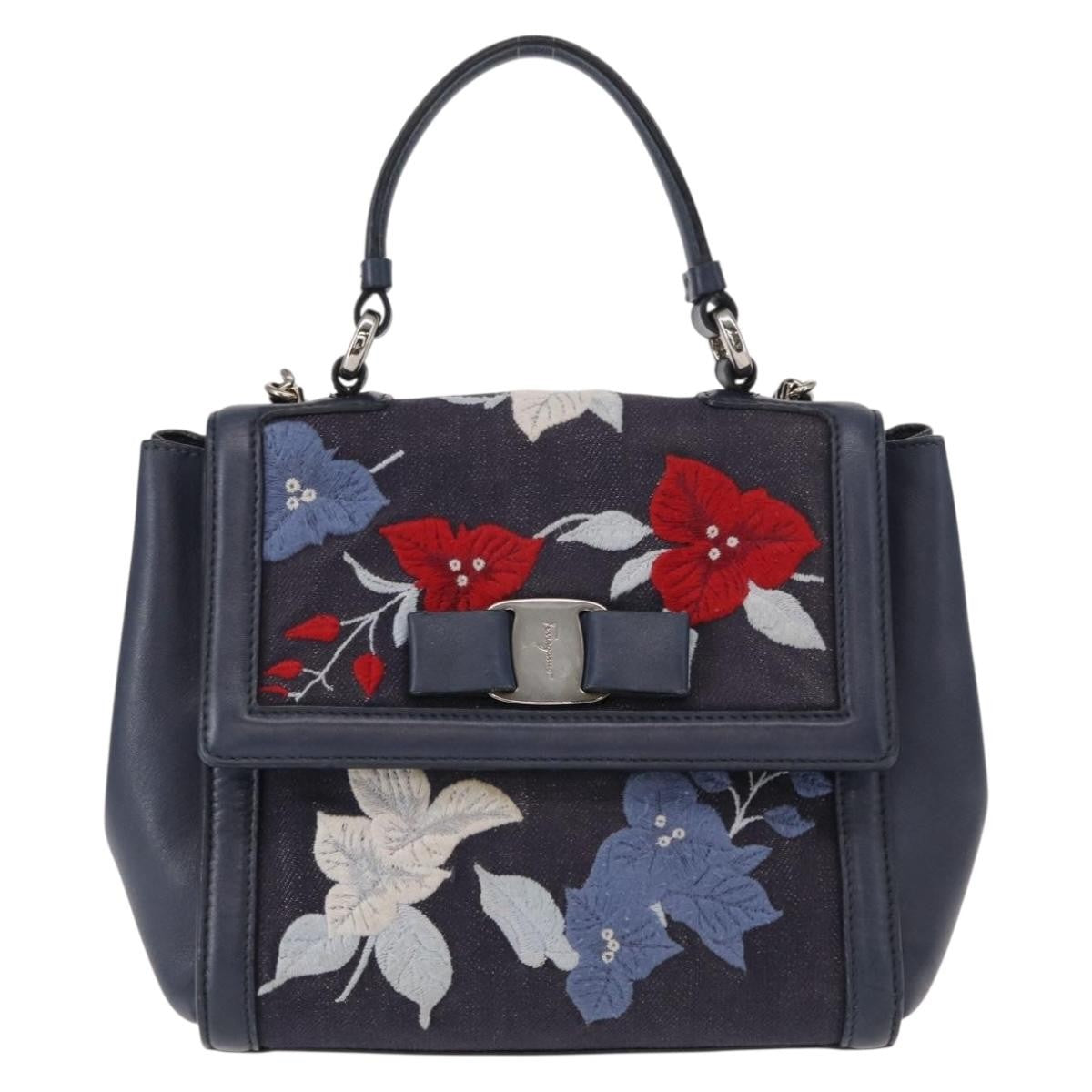 Salvatore Ferragamo Vala Handbag Leather Navy Denim_Jeans Handbag (Pre-Owned)