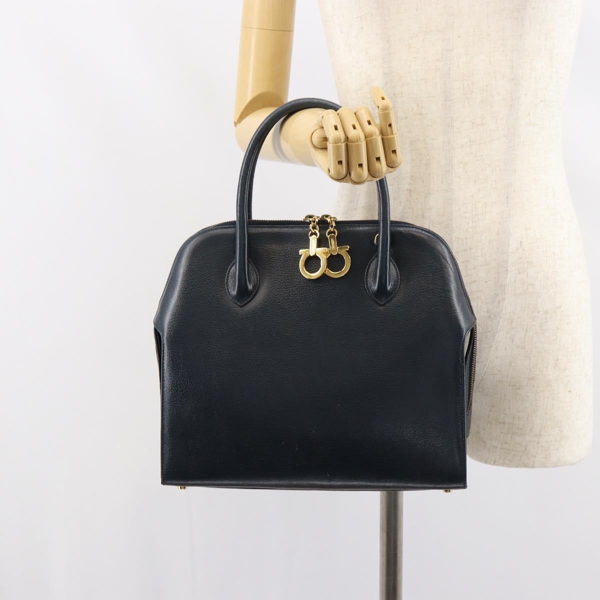 Salvatore Ferragamo Gancini Handbag Leather Navy Leather Handbag (Pre-Owned)