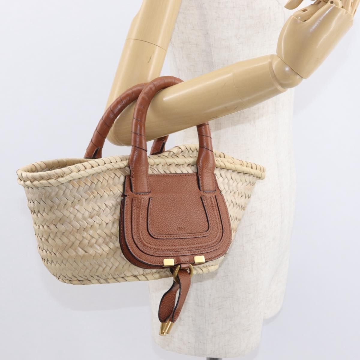 Chloe Marcie Basket Bag Raffia And Leather Beige Wicker Handbag (Pre-Owned)