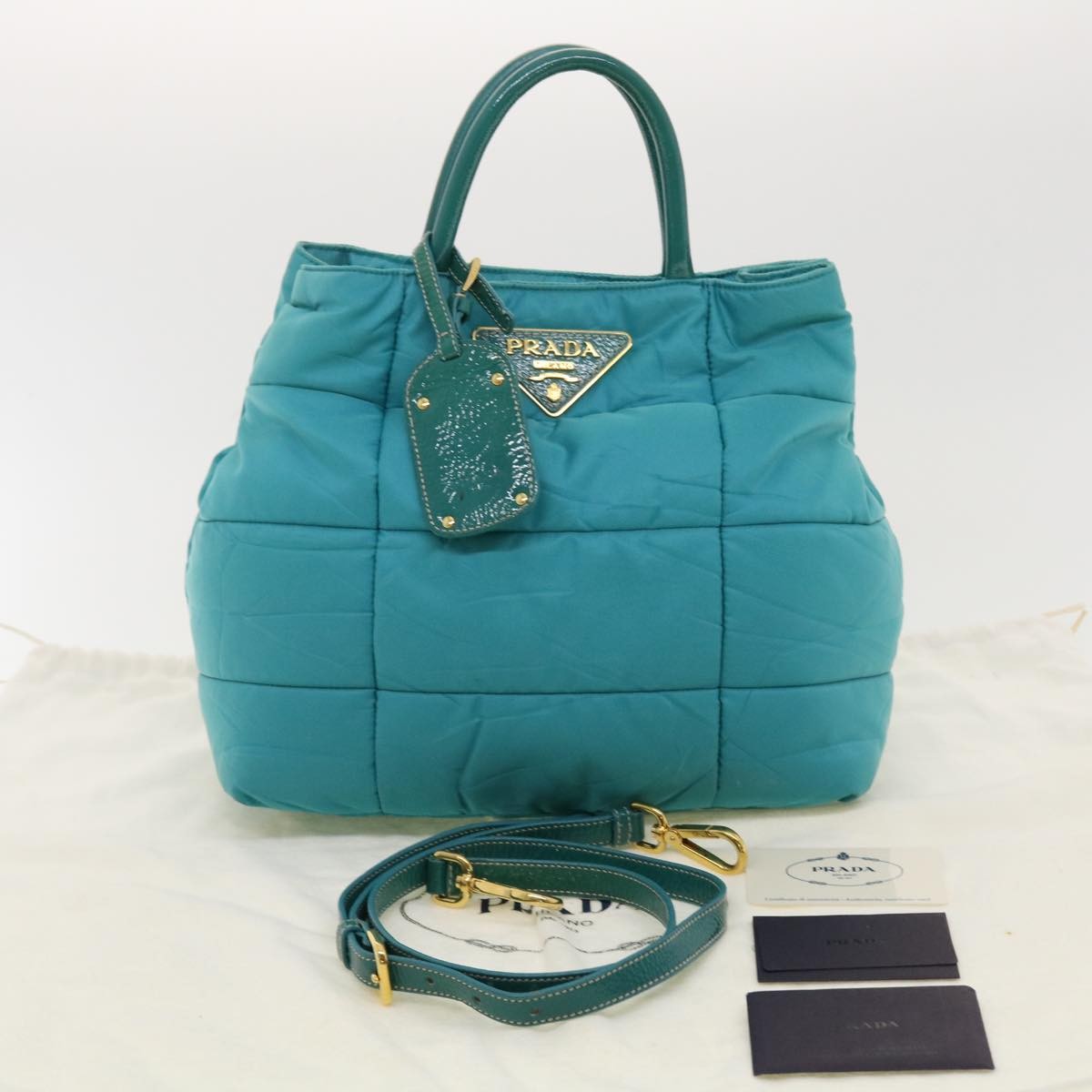 Prada Convertible Tote Quilted Tessuto Turquoise Nylon Handbag (Pre-Owned)