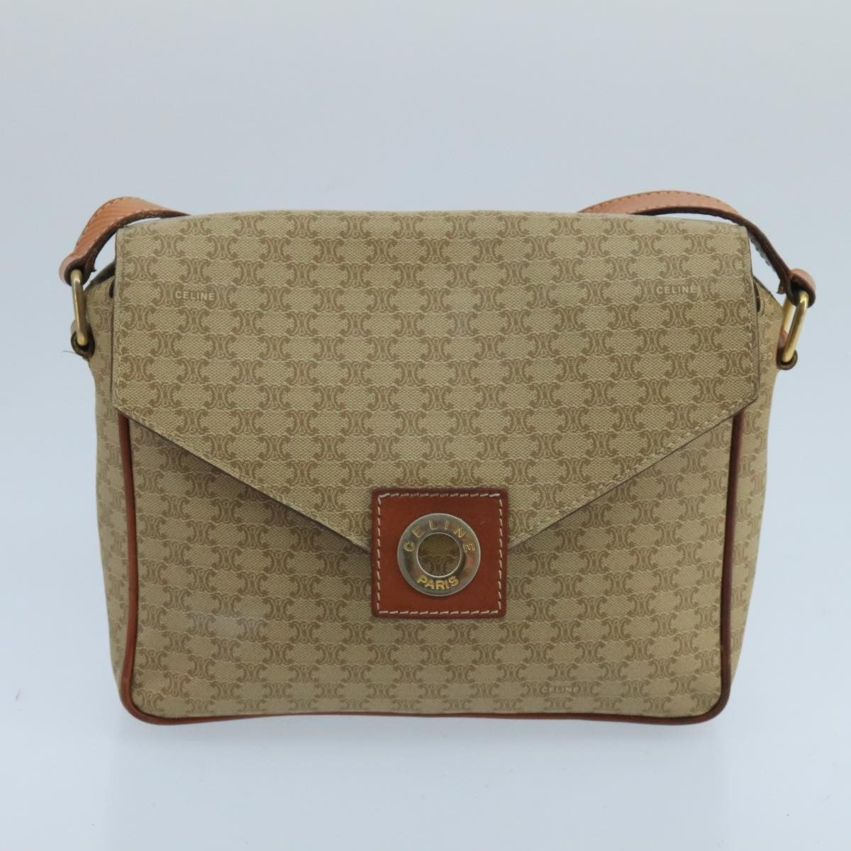Celine Vintage Macadam Circle Logo Shoulder Bag Canvas And Leather Beige Canvas Shoulder Bag Bag (Pre-Owned)