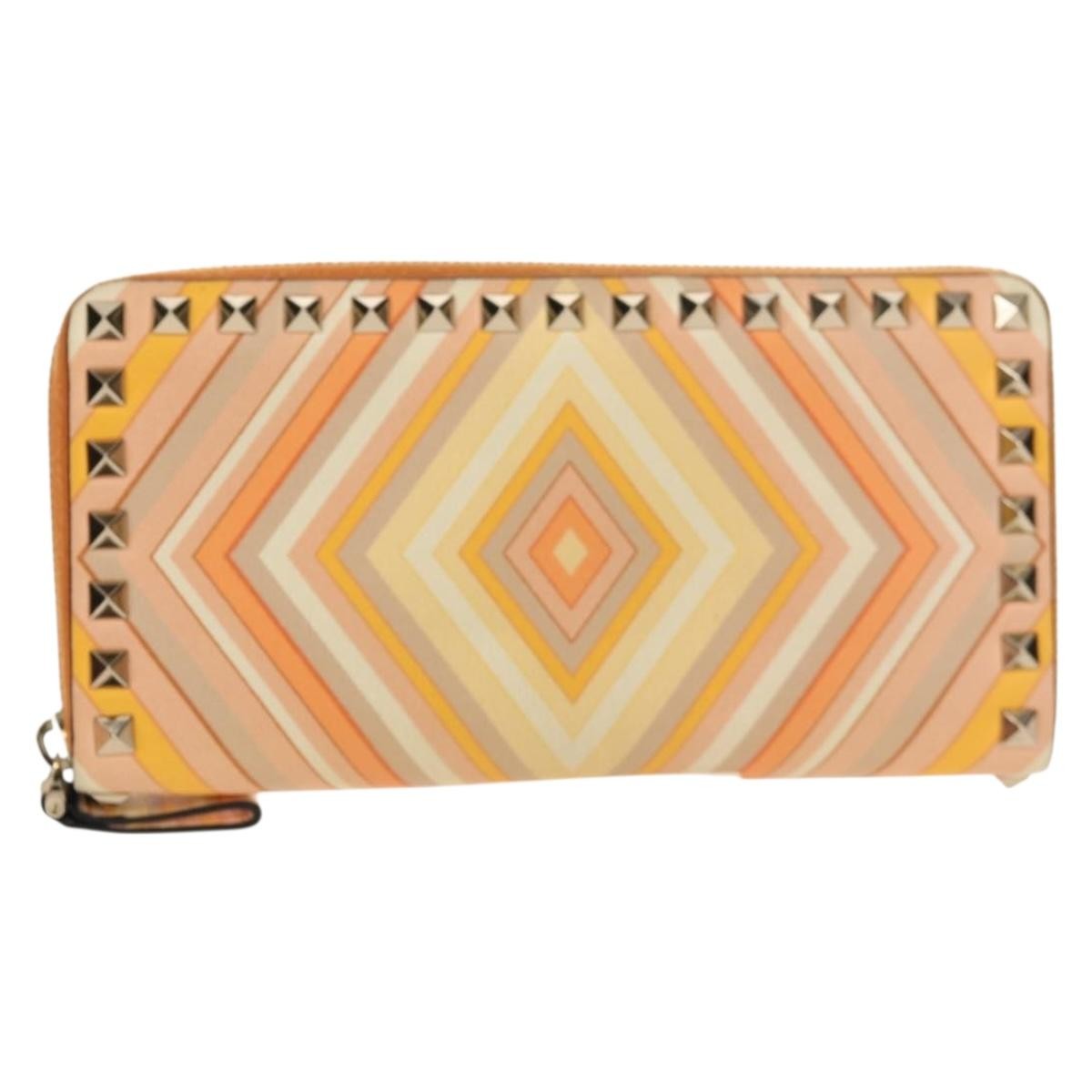 Valentino Garavani Rockstud Zip Around Wallet Striped Leather Orange Leather Wallets Accessory (Pre-Owned)