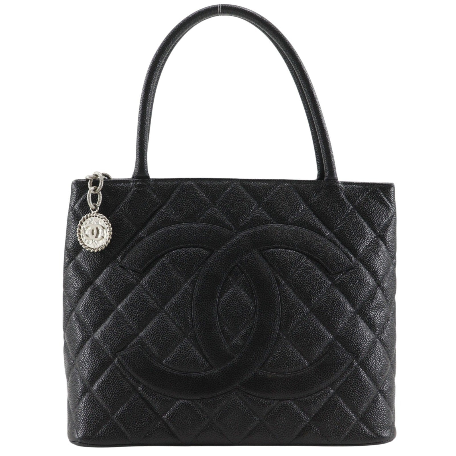 Chanel Medallion Tote Quilted Caviar Black Leather Tote Bag Bag (Pre-Owned)