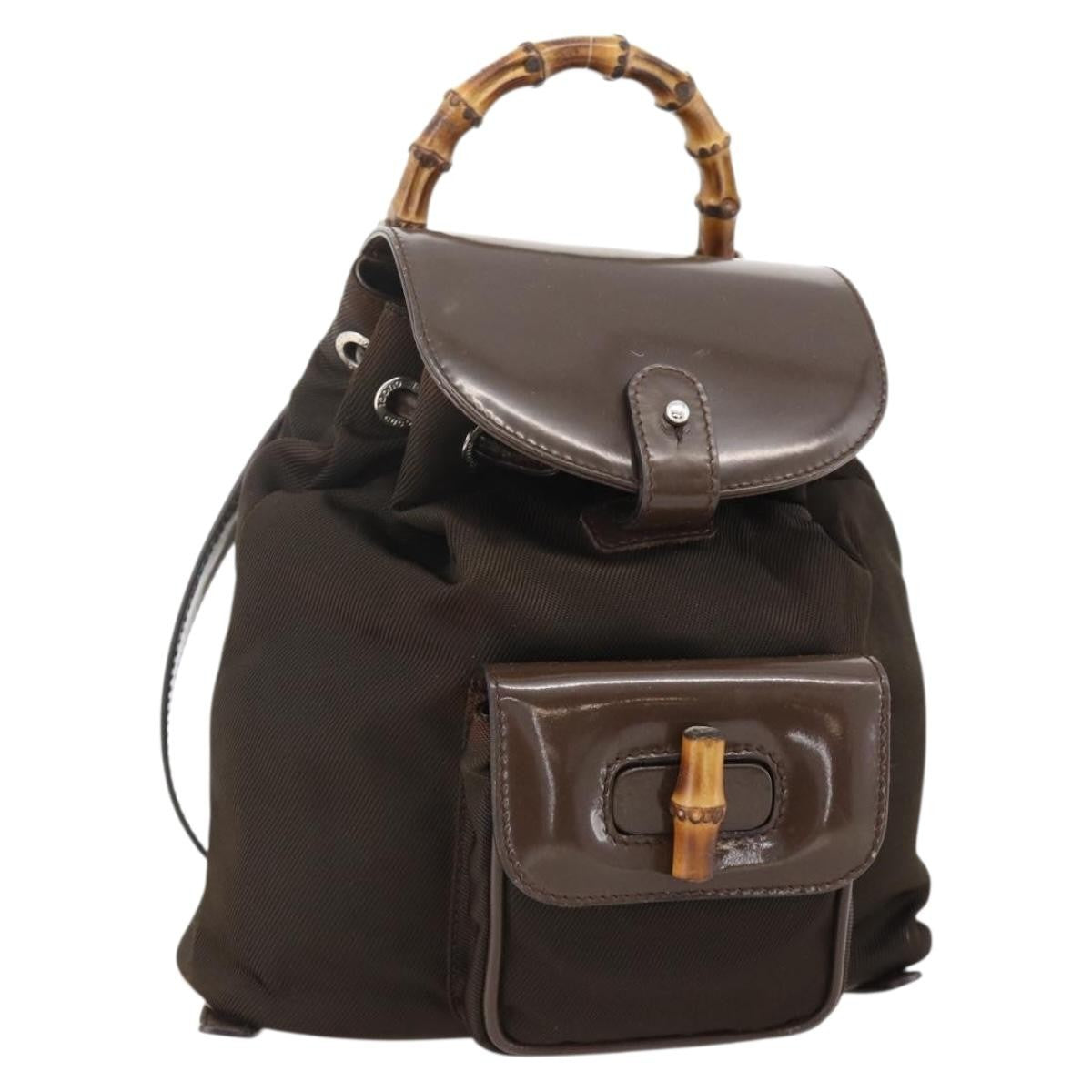 Gucci Vintage Bamboo Backpack Nylon And Patent Leather Brown Nylon Backpack Bag (Pre-Owned)