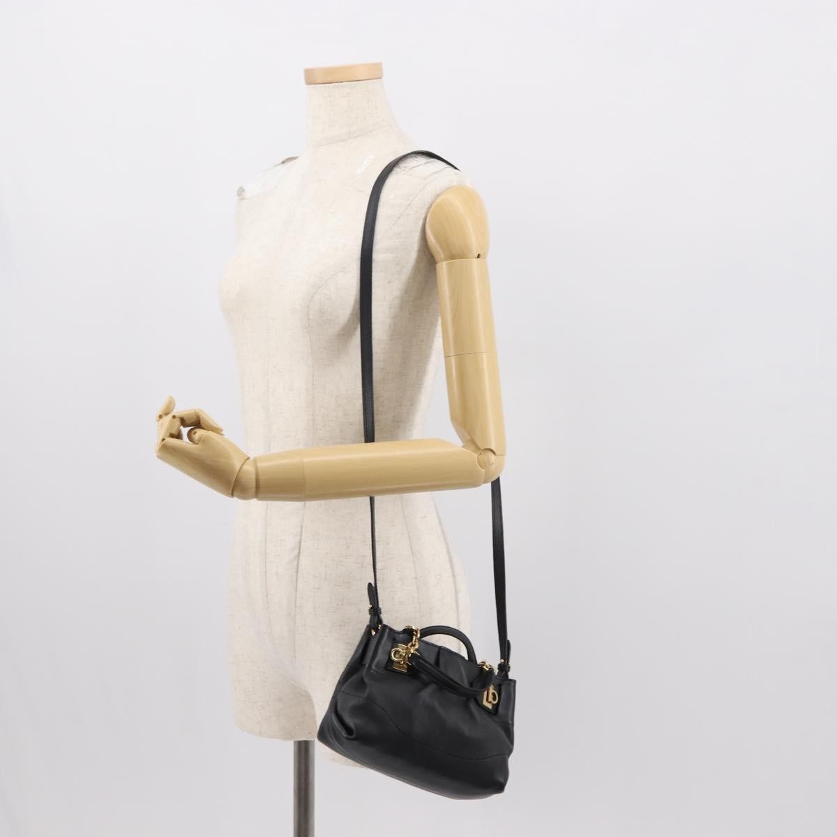 Salvatore Ferragamo W Chain Tote Leather Black Leather Handbag (Pre-Owned)