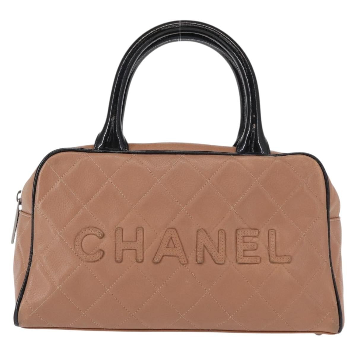 Chanel Embossed Logo Bowler Bag Quilted Caviar Beige Leather Handbag (Pre-Owned)