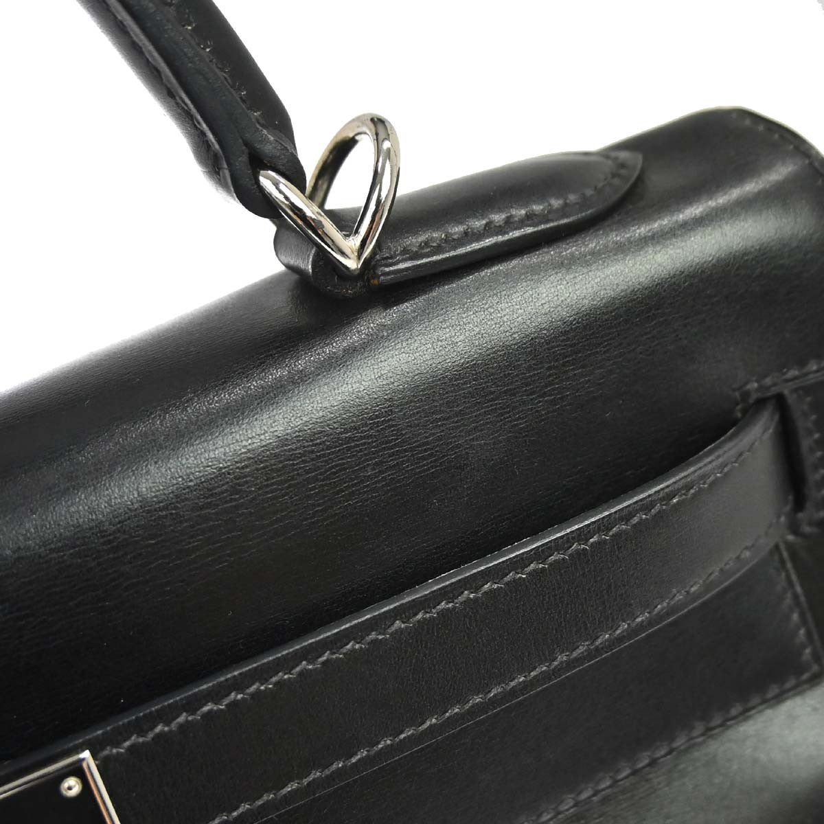 Hermes Kelly Handbag Black Box Calf With Palladium Hardware Black Leather Handbag (Pre-Owned)