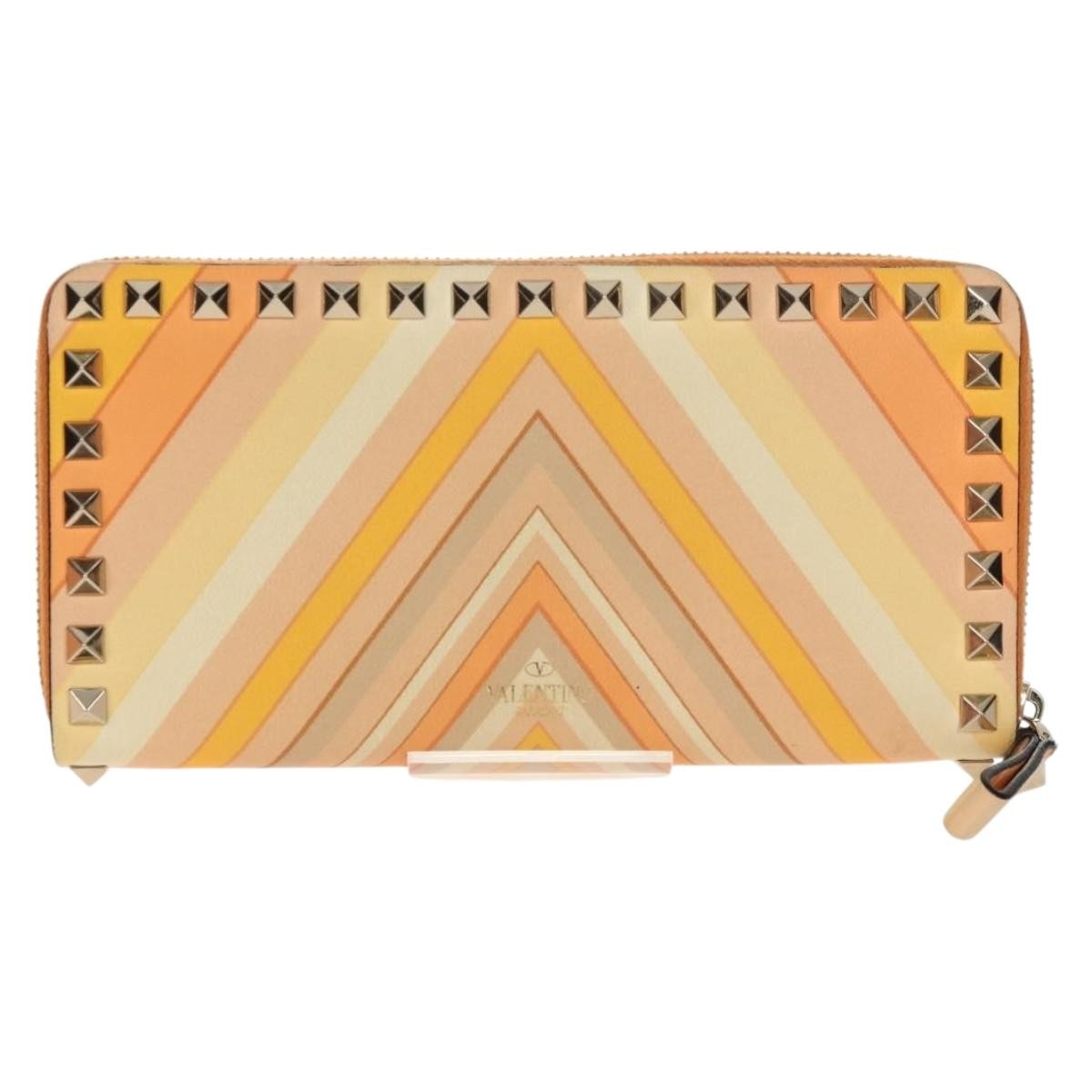 Valentino Garavani Rockstud Zip Around Wallet Striped Leather Orange Leather Wallets Accessory (Pre-Owned)