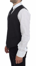 Dolce & Gabbana Gray Striped Wool Logo Vest Gilet Men's Weste