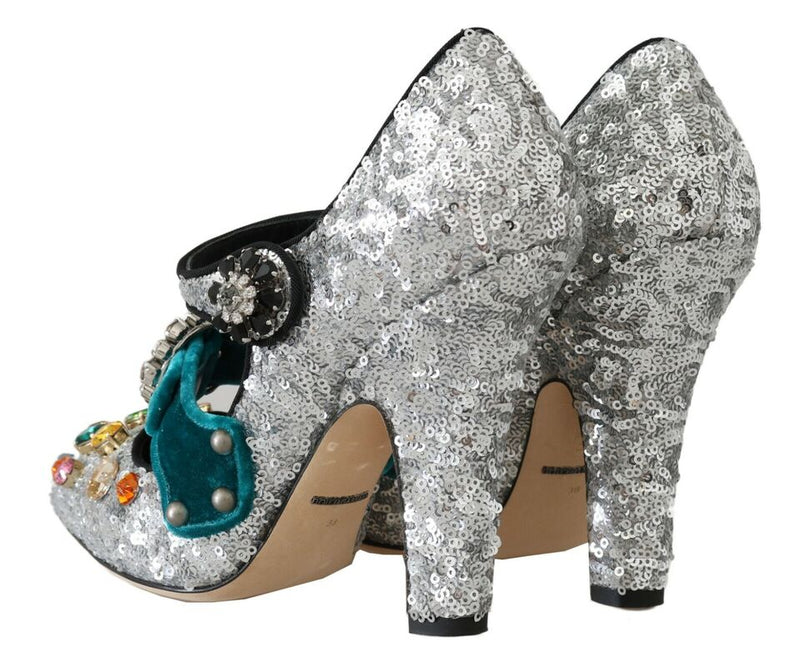 Dolce & Gabbana Silver Sequined Crystal Mary Janes Women's Pumps