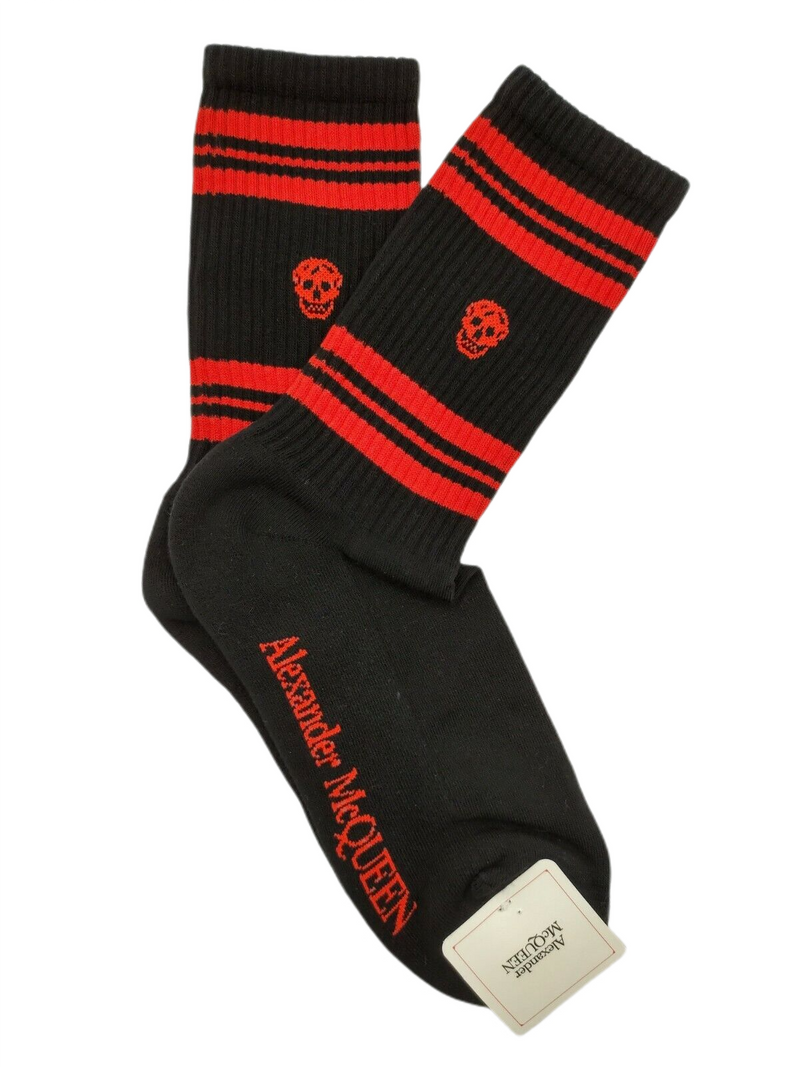 Alexander McQueen Women's Black Mid-Calf Stripe Skull Sport Socks S