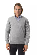 Uominitaliani Embroidered Wool V-Neck Sweater - Elegant Men's Gray