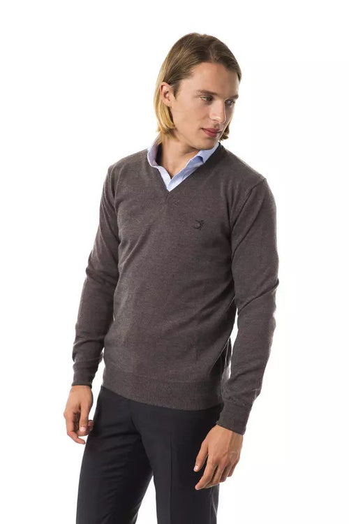 Uominitaliani Exquisite V-Neck Embroidered Merino Men's Sweater