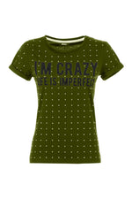 Imperfect Army Green Strass Embellished Cotton Women's Tee