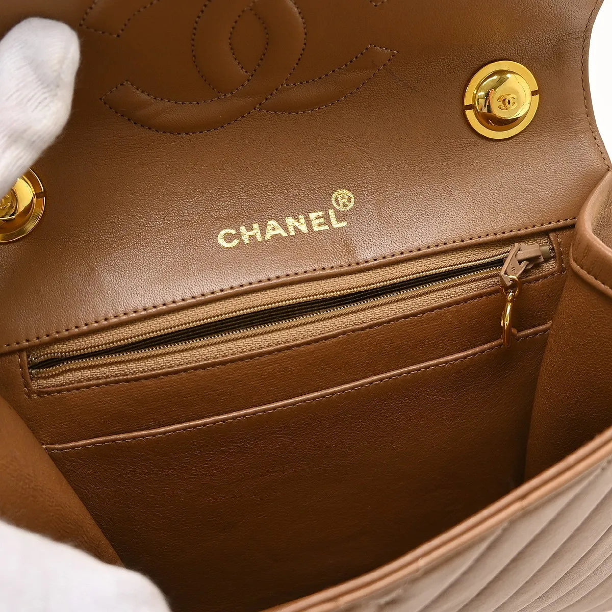 Chanel Vintage Push Lock Flap Chevron Lambskin Brown Leather Shoulder Bag Bag (Pre-Owned)