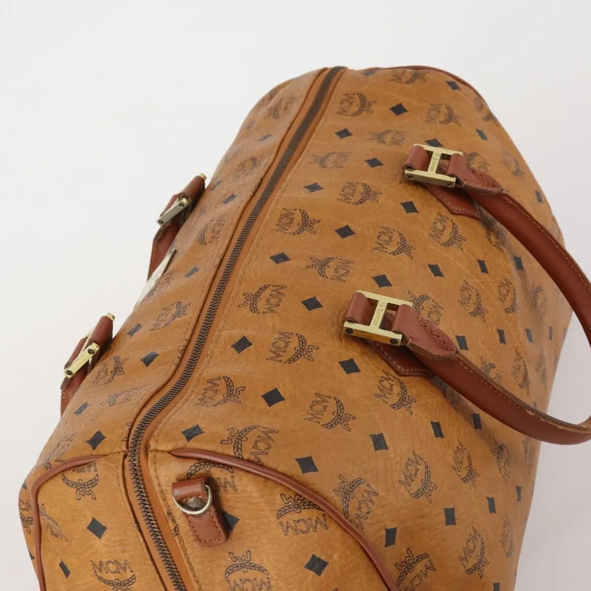 MCM Vicetos Logogram Boston Brown Leather Travel Bag Bag (Pre-Owned)
