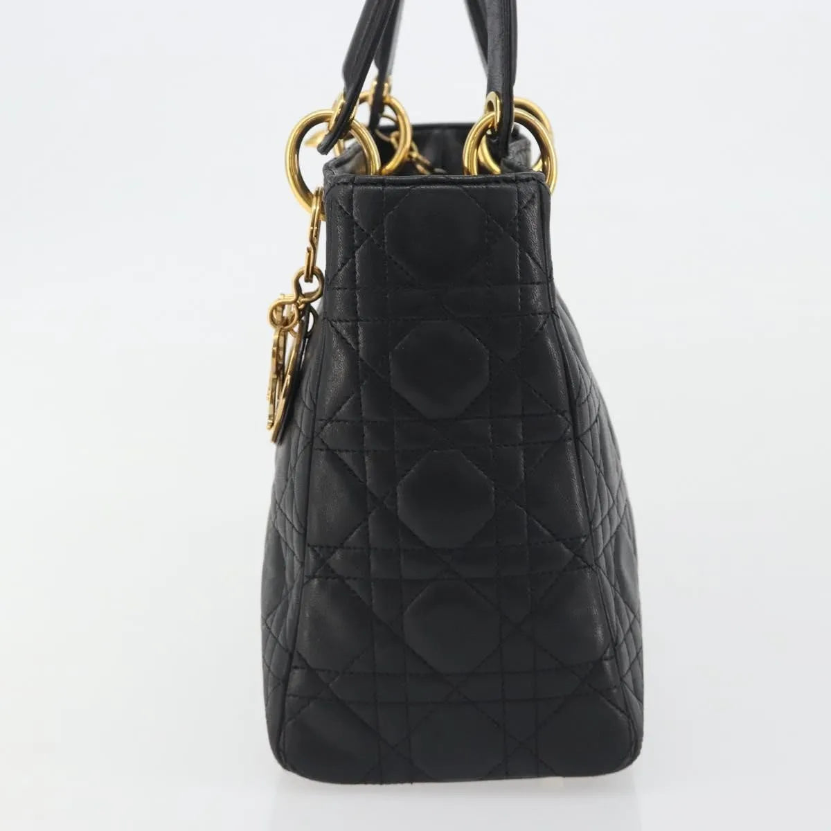 Christian Dior Vintage Lady Dior Cannage Quilt Lambskin Black Leather Handbag (Pre-Owned)