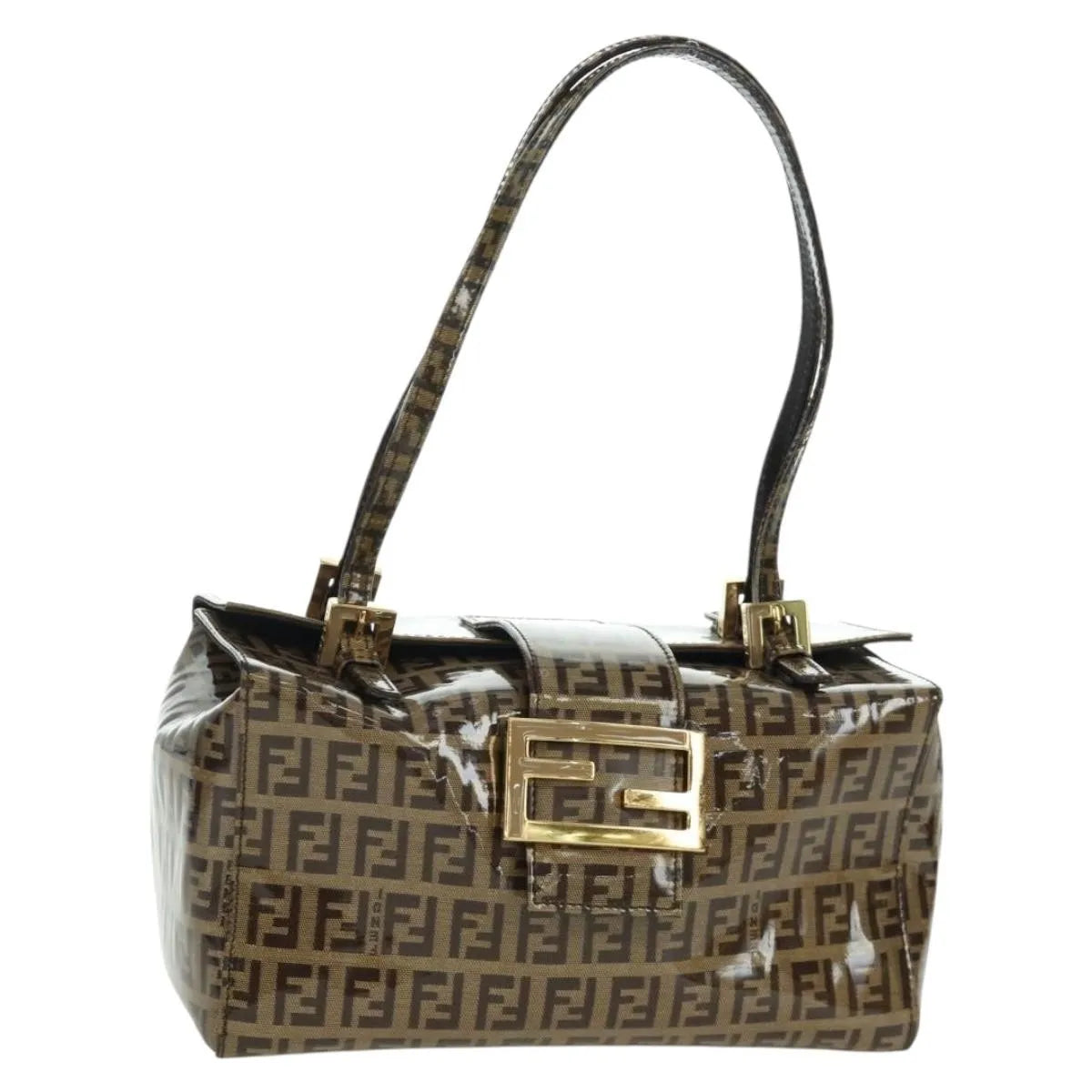 Fendi Mamma Baguette Zucca Patent Leather Brown Canvas Shoulder Bag Bag (Pre-Owned)