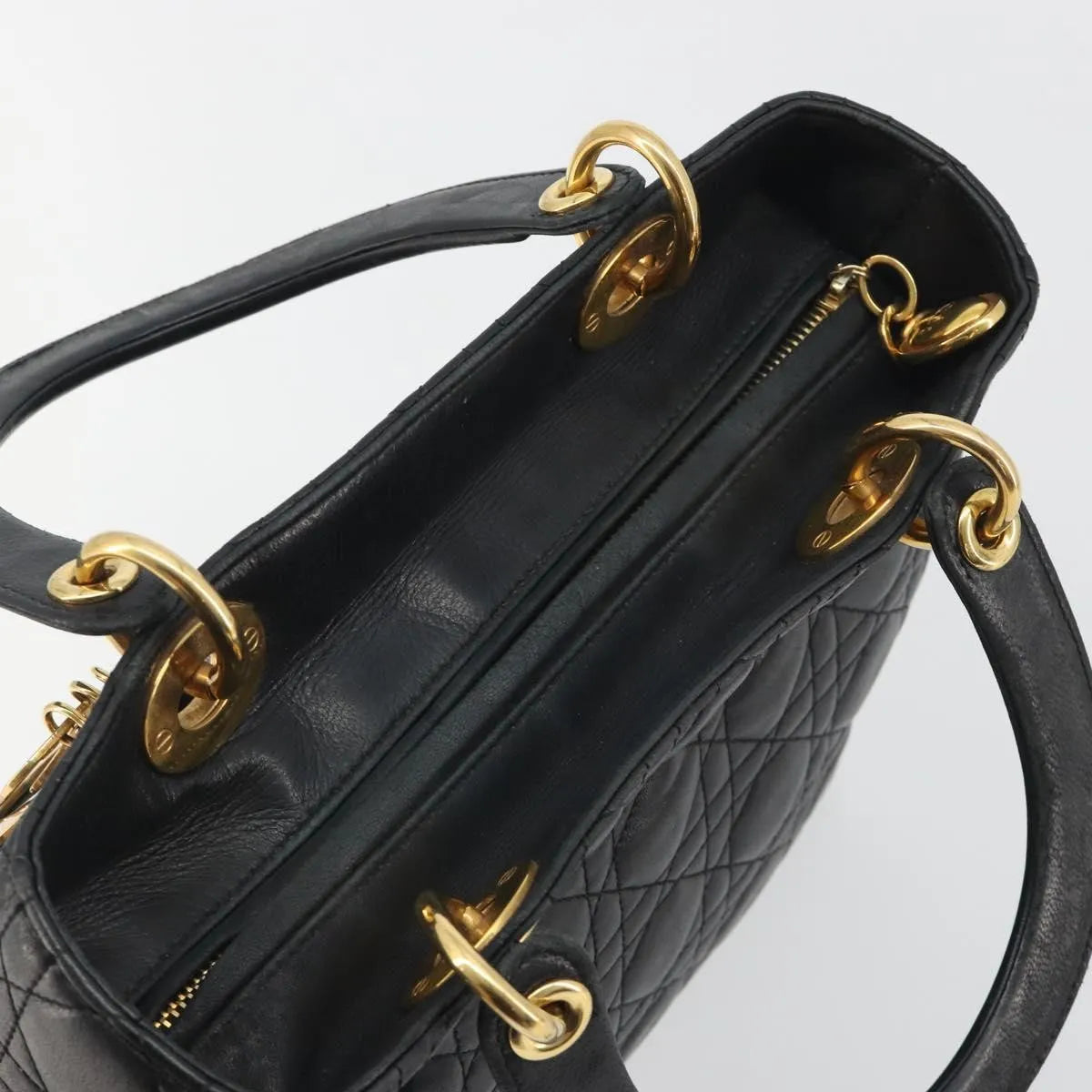 Christian Dior Vintage Lady Dior Cannage Quilt Lambskin Black Leather Handbag (Pre-Owned)