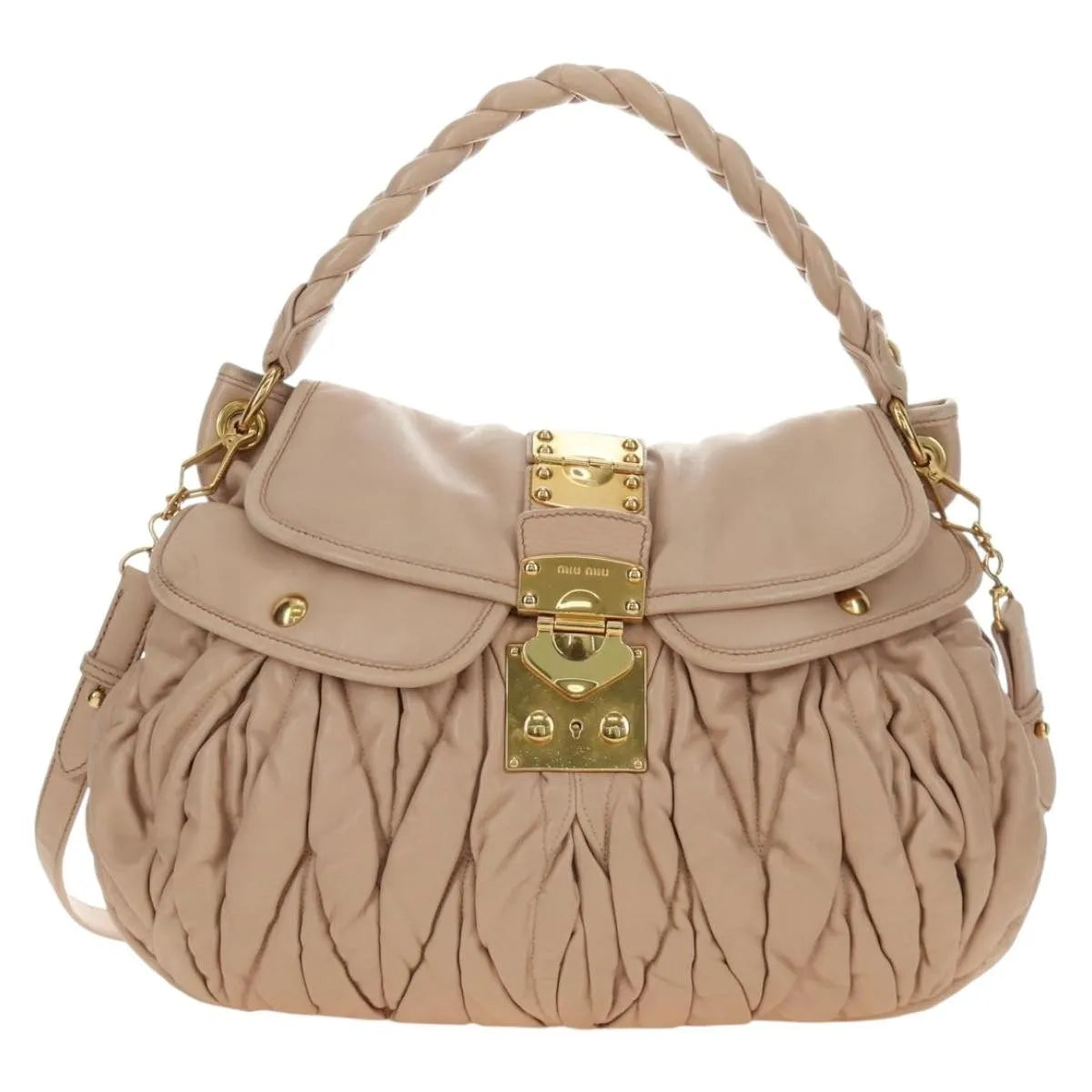 Miu Miu Madras Convertible Lock Tote Leather Pink_Gold Leather Handbag (Pre-Owned)