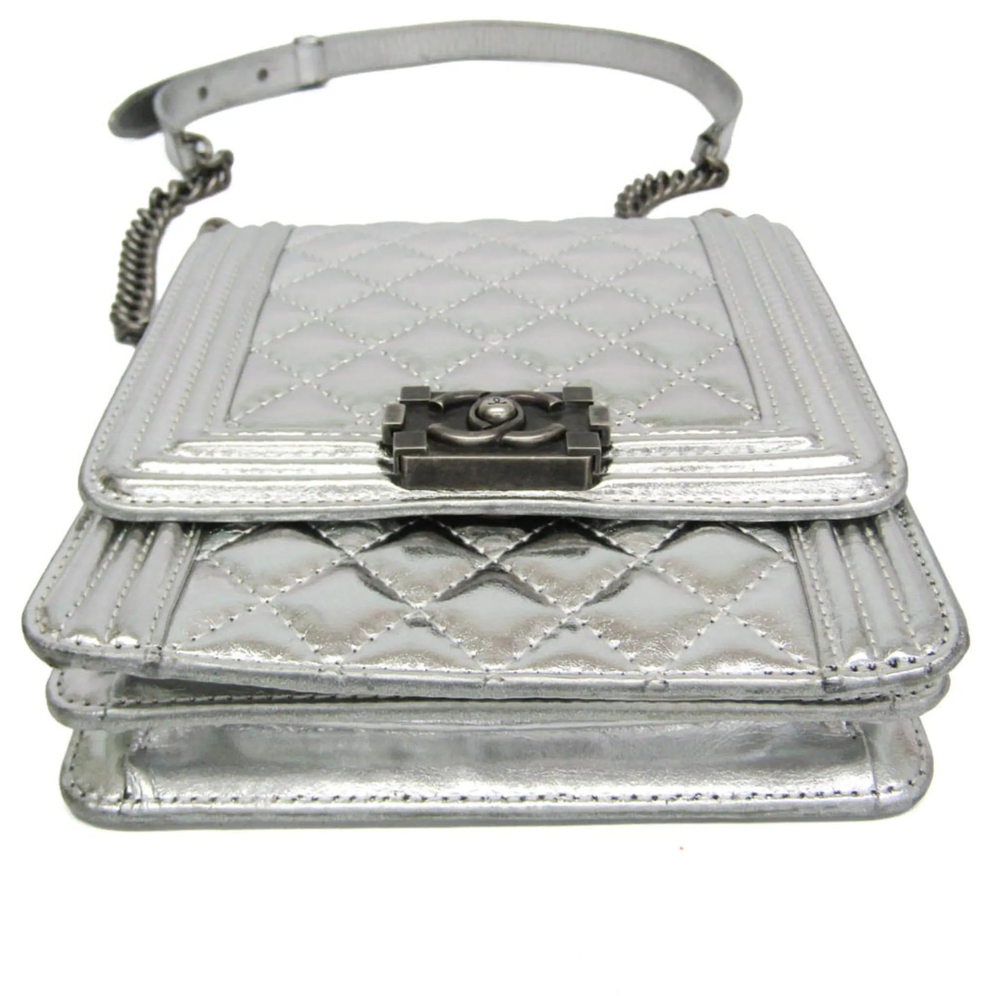 Chanel North South Boy Flap Quilted Metallic Calfskin Silver Leather Shoulder Bag Bag (Pre-Owned)
