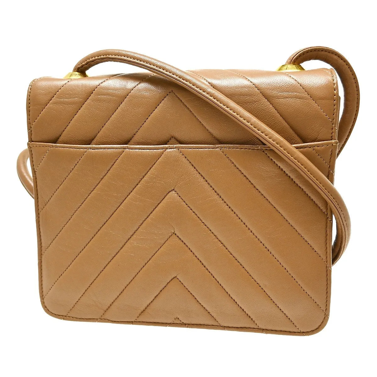 Chanel Vintage Push Lock Flap Chevron Lambskin Brown Leather Shoulder Bag Bag (Pre-Owned)