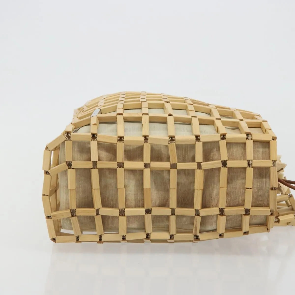 Salvatore Ferragamo Wood Mesh Drawstring Canvas Beige Canvas Handbag (Pre-Owned)