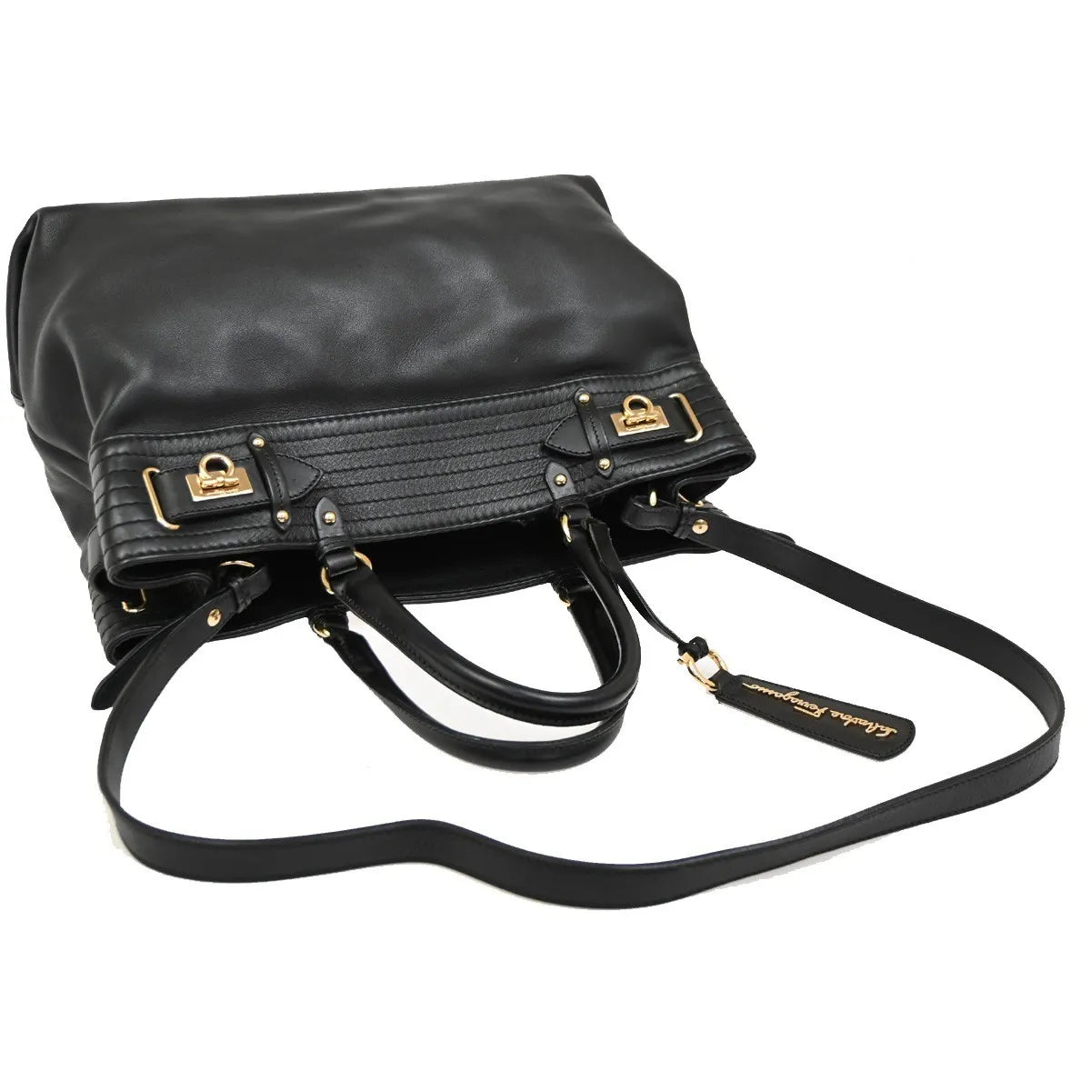 Salvatore Ferragamo Gancini Tote Leather Black Leather Tote Bag Bag (Pre-Owned)
