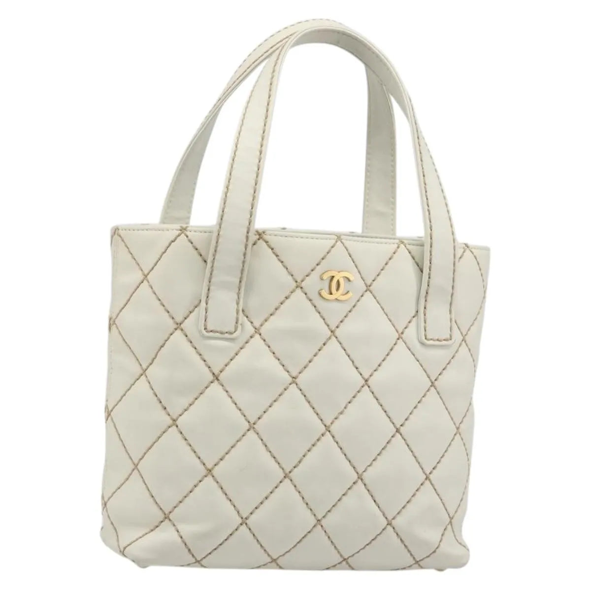 Chanel Surpique Tote Quilted Leather White Leather Tote Bag Bag (Pre-Owned)