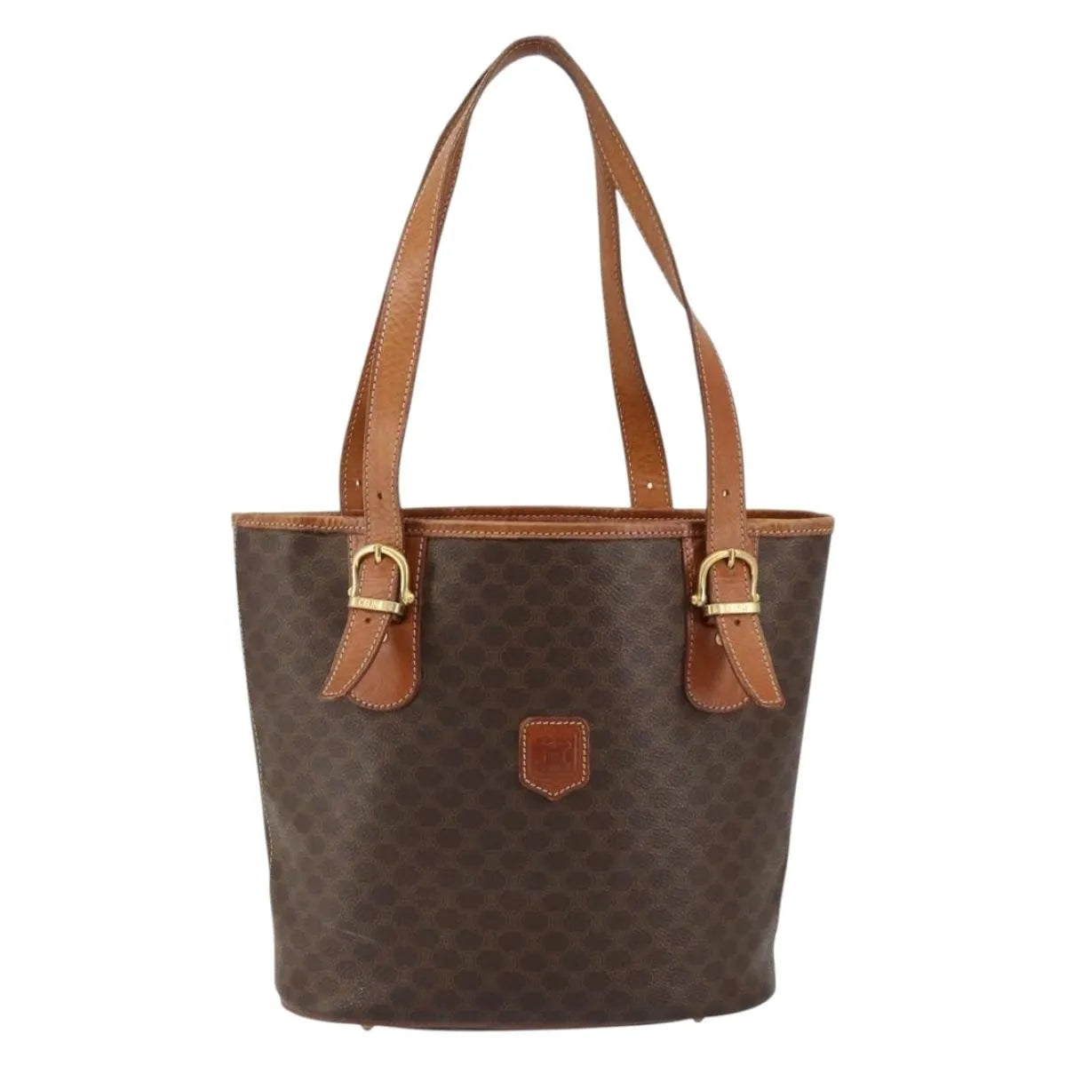 Celine Vintage Macadam Shopper Tote Canvas And Leather Brown Canvas Tote Bag Bag (Pre-Owned)