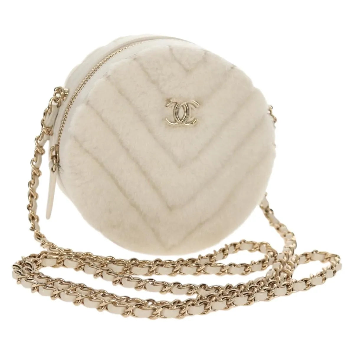 Chanel Round Clutch With Chain Chevron Shearling White Faux_Fur Clutche & Pouche Bag (Pre-Owned)