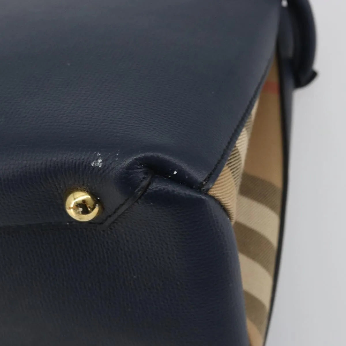 Burberry Banner Tote Leather And House Check Canvas Navy Leather Handbag (Pre-Owned)