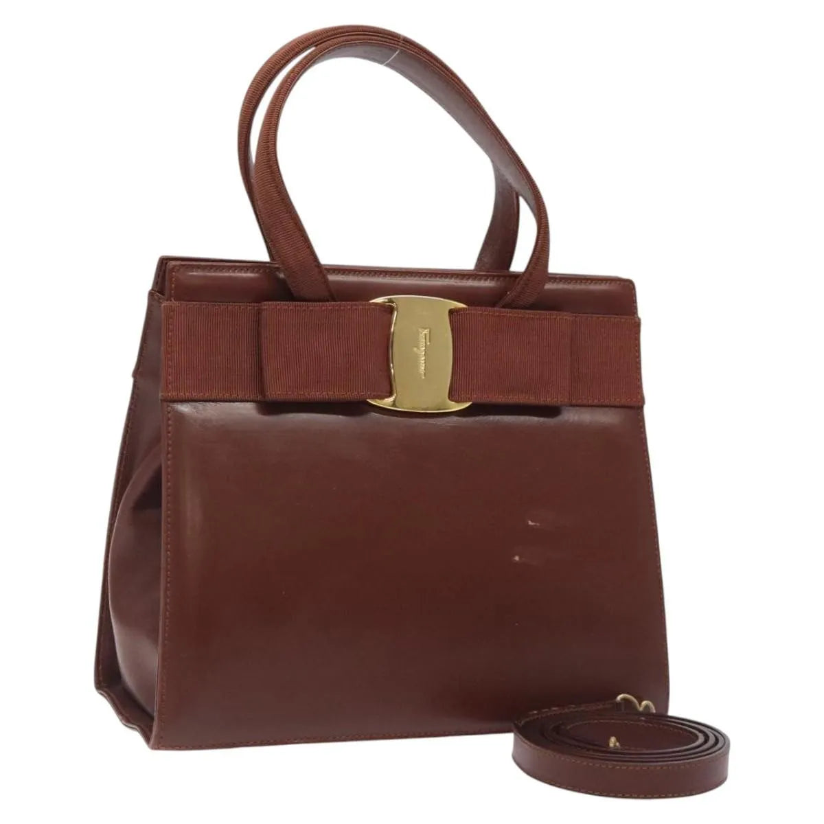 Salvatore Ferragamo Convertible Vara Bow Tote Leather Brown Leather Handbag (Pre-Owned)
