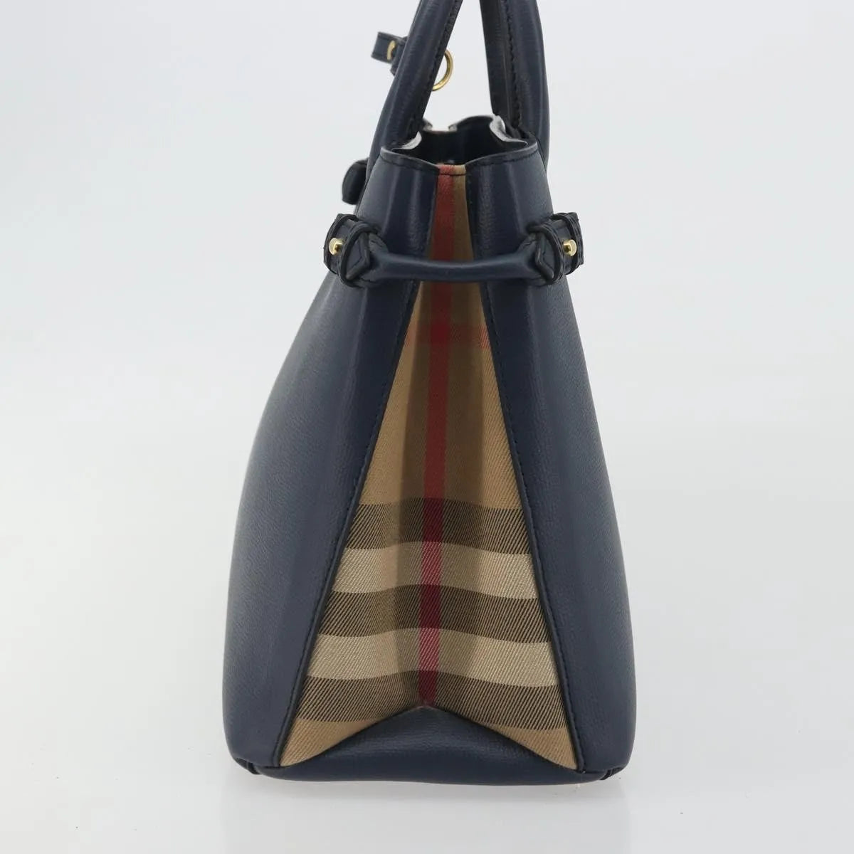 Burberry Banner Tote Leather And House Check Canvas Navy Leather Handbag (Pre-Owned)