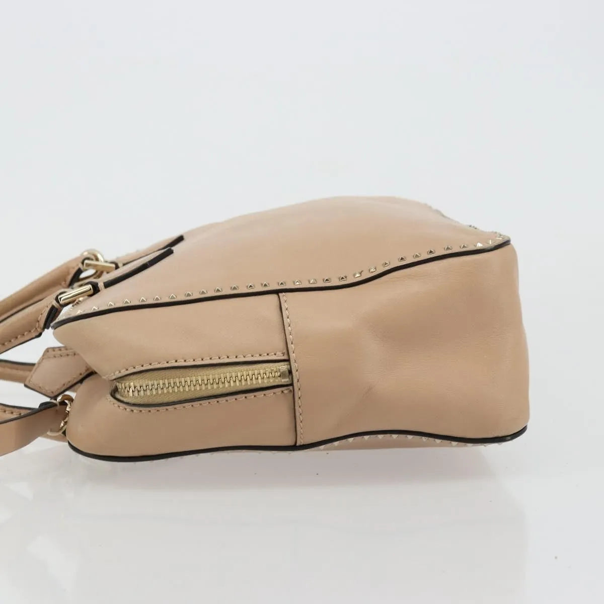 Valentino Garavani Convertible Zip Satchel Leather With Micro Rockstuds Beige Leather Handbag (Pre-Owned)