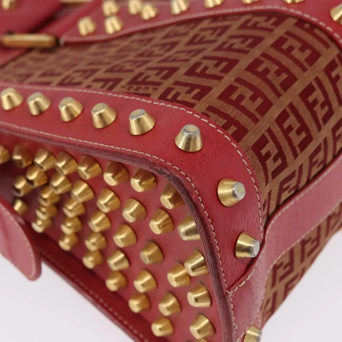 Fendi Studded Handle Canvas Red Canvas Handbag (Pre-Owned)