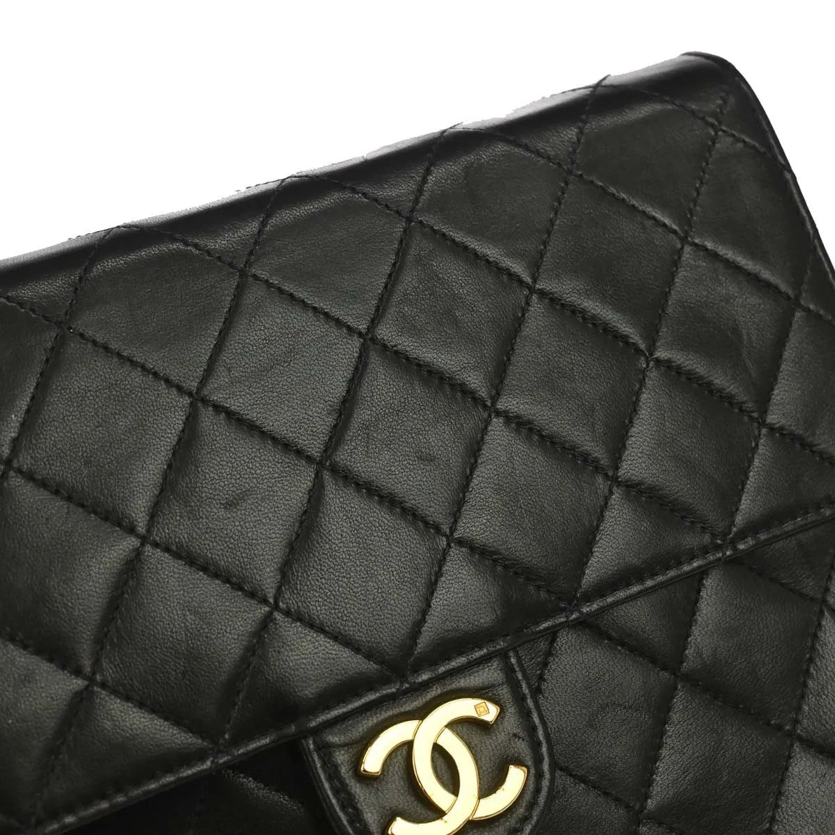 Chanel Vintage Classic Flap Quilted Lambskin Black Leather Shoulder Bag Bag (Pre-Owned)