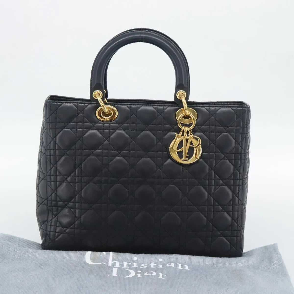 Christian Dior Lady Dior Cannage Quilt Lambskin Black Leather Handbag (Pre-Owned)