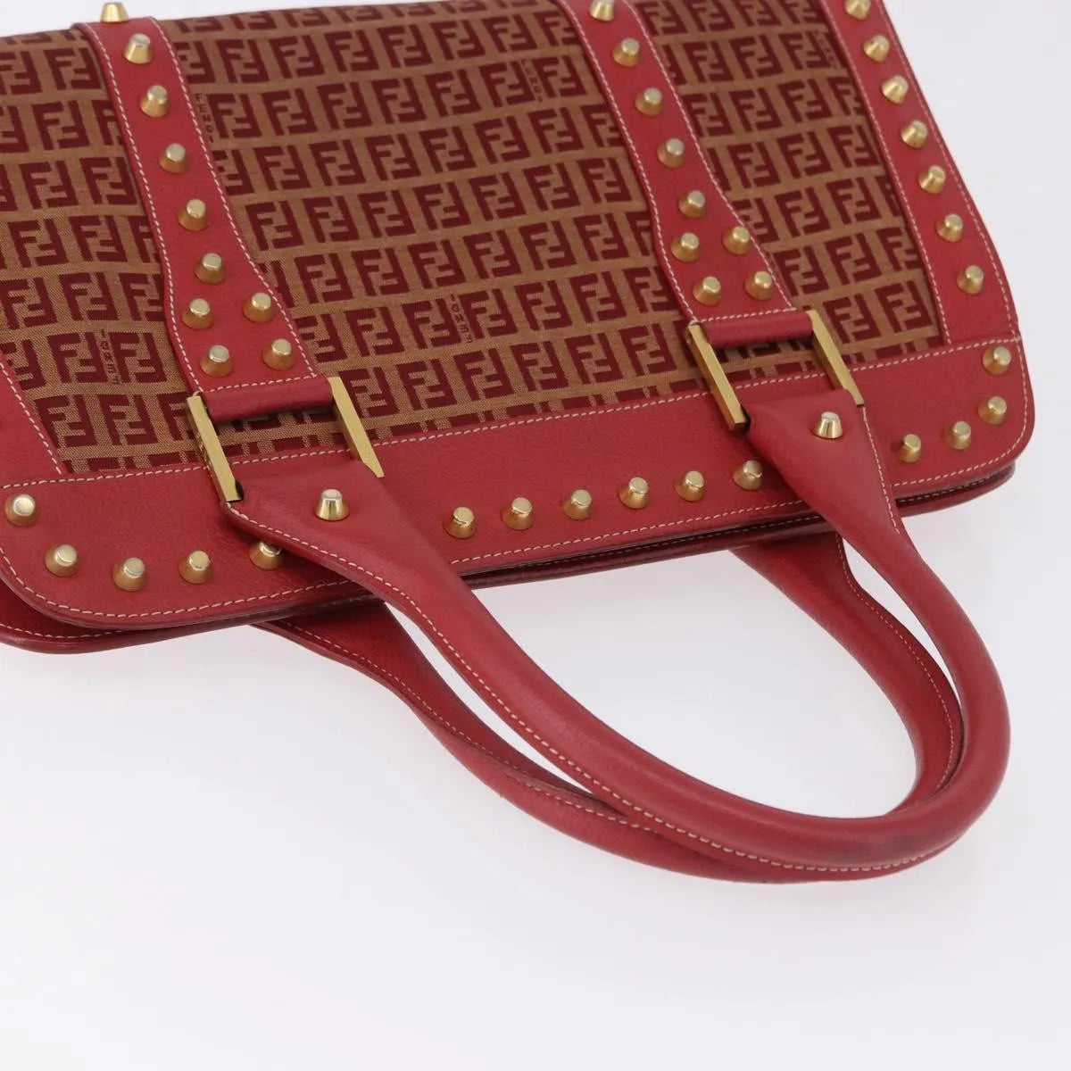 Fendi Studded Handle Canvas Red Canvas Handbag (Pre-Owned)