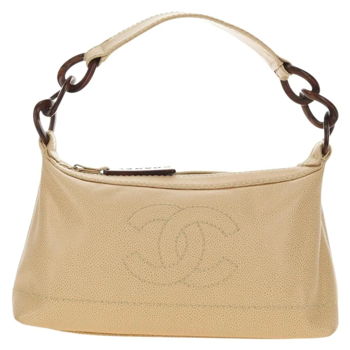 Chanel Vintage Cc Resin Chain Caviar Beige Leather Shoulder Bag Bag (Pre-Owned)